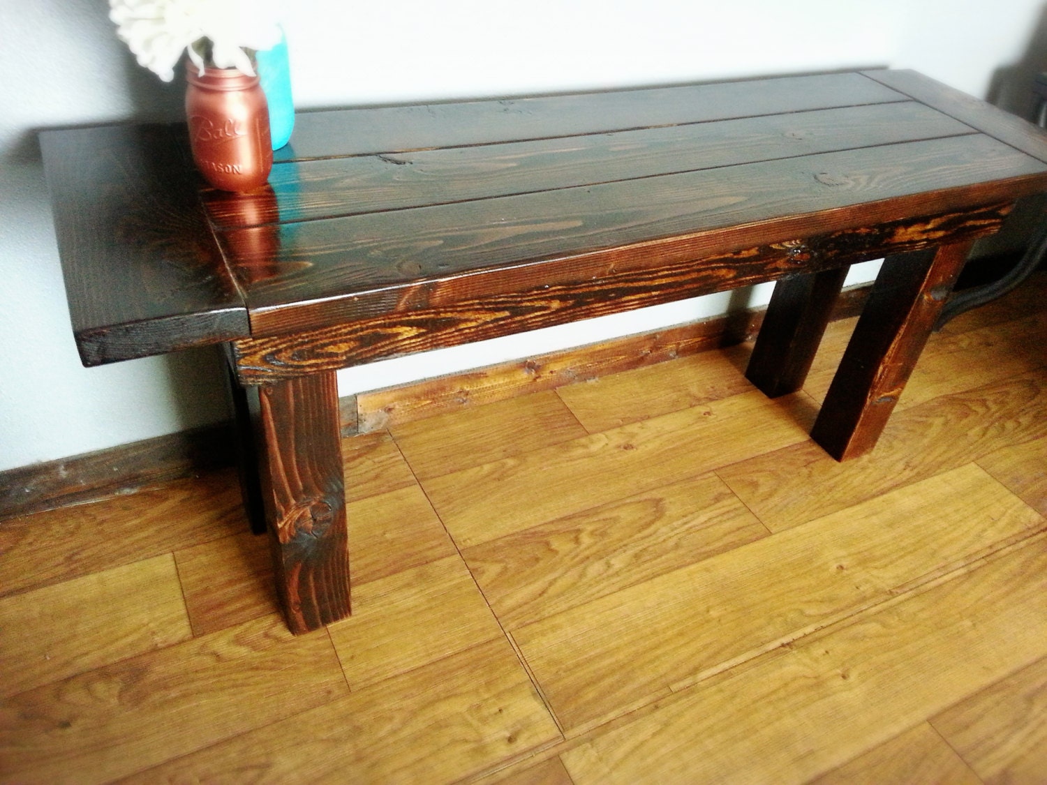 wood farmhouse benches living room