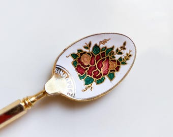 Vintage Singapur souvenir cuchara Cloisonné floral latón coleccionable