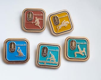 Moscow 1980 Olympic Pin Set, 5 Vintage USSR Olympic Badges, Summer Olympics Collectible Pins, Soviet Memorabilia