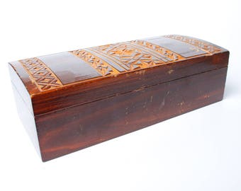 Vintage Wooden Box embellished with hand carved decor  (C0444)