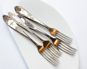 Set of 4 Different Vintage Metal dinner forks, Art Nouveau decor