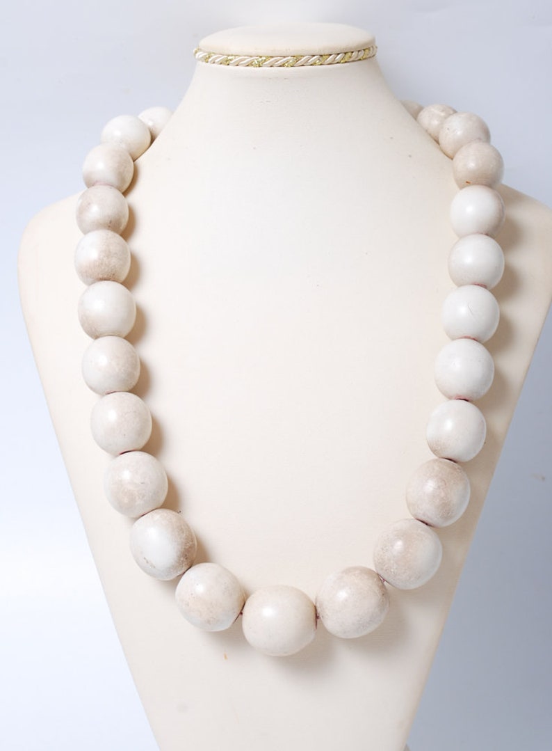 Vintage Rounded Wood Beaded Necklace Huge Beads Painted White Dark Patina