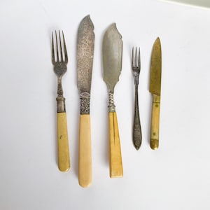 Peut inclure: Un assortiment de couverts anciens, comprenant deux fourchettes et trois couteaux. Les couteaux ont des lames ornées et des manches de couleur crème. Les fourchettes et les couteaux sont disposés sur une surface blanche, mettant en valeur leur design et leur artisanat vintage.