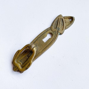 Antique vintage solid brass, bronze, key hole escutcheon plate, connector, hardware, cabinet door embellishment, Original Art Nouveau style,
