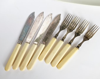 Antique Silver tone Metal dinner fork and knife with plastic handle, ivory imitation EP NS