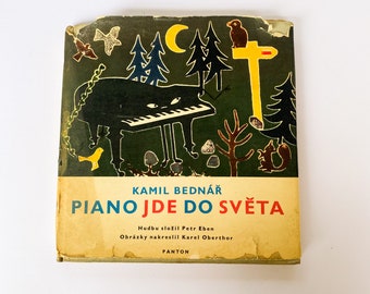 Vintage antique music notes book, musical children book with music plate, Kamil Bednar, Piano Jde Do Sveta, Czech, Panton 1967