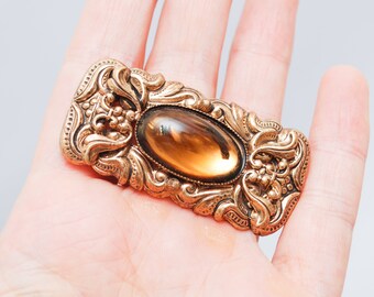 Broche Vintage Filigrane Laiton - Cabochon Verre Porphyre Violet Strass - #85G7