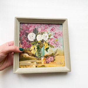 Vintage Square Art Picture, Painting on Ceramic Plate in Wooden Frame, old city 1970-1980s, bouquet of flowers in a vase on the table