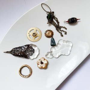 Vintage Jewelry Making Kit – Mixed Lot with Watch Parts, Brass Findings, Glass Beads & Chandelier Pendants – 8pcs Assemblage Supplies