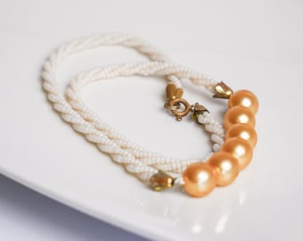 Vintage small beaded necklaces, cream glass pearls beads and white seedbeads, beaded necklace 17 inch