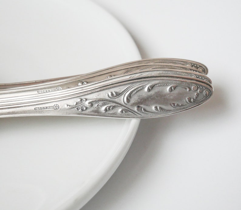 Set of 6 Vintage Silver plated Metal Desert Spoons, Art Nouveau style decor image 5