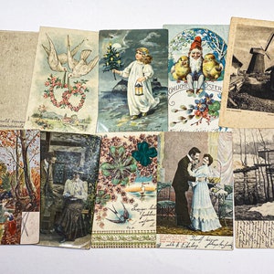 Veel van 10 originele oude antieke ansichtkaarten, antieke en vintage kunstfoto, papieren ephemera, Pasen, Kerstmis, verliefde man en vrouw
