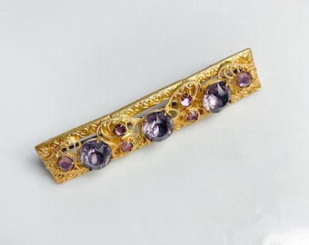 Vintage brass long filigree brooch with purple rhinestones Brooch, 1960-1980