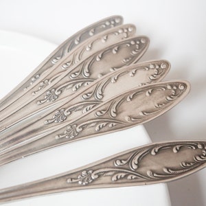 Set of 6 Vintage Silver plated Metal Desert Spoons, Art Nouveau style decor image 2