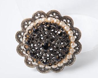 Vintage brass filigree brooch with glass rhinestones Brooch, 1960-1980