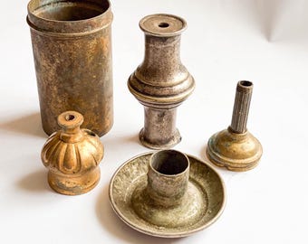 Antique, Vintage lot of 5 brass lamp canopies, lamp cups, lamp holder covers, chandelier parts, diameter 35–68 mm, patina, Europe