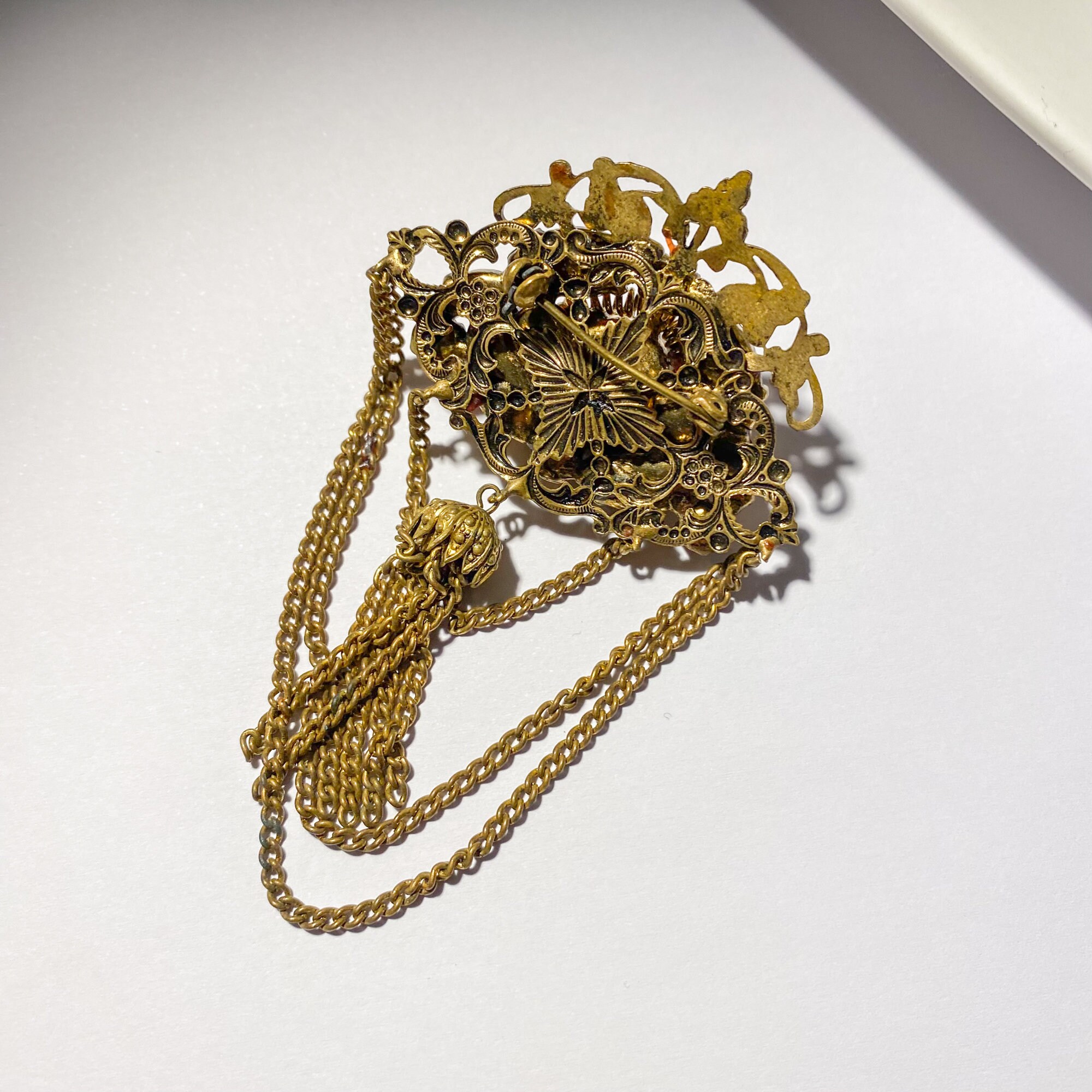 Vintage Brass Filigree Brooch With Brown Glass Rhinestones