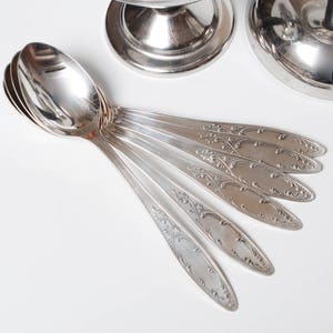 Set of 6 Vintage Silver plated Metal Desert Spoons, Art Nouveau style 1970-1980