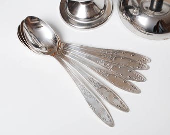 Set of 6 Vintage Silver plated Metal Desert Spoons, Art Nouveau style 1970-1980