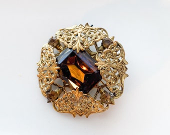 Vintage brass filigree brooch with big brown glass rhinestone Brooch, 1960-1980, retro costume jewelry, Czechoslovakia gold plated