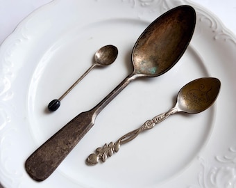 Set of 3 Different antique vintage Metal Spoons, cutlery,  original black patina, tableware, kitchen home decor