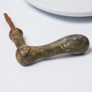 Puede incluir: Una manija de puerta de metal verde oxidada con un eje largo y delgado de metal.