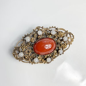 Vintage, antique, filigree brooch with brown glass stones, Retro Brooch, 1950-1960
