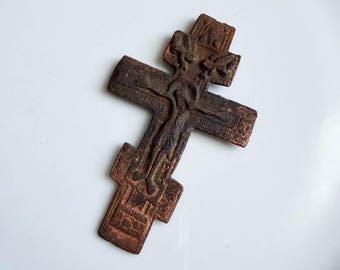 Vintage metal religious cross, wall decor, orthodox church, Jesus figurine, original rustic patina