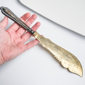 Antique long, large metal knife server, with silver plated handle Art Nouveau decor 1910 - 1930, Fish Table ware, Knife, Cutlery