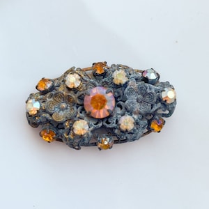 Vintage, antique, filigree brooch with glass rhinestones, old dark patina Retro costume Brooch, 1960-1980