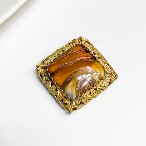 Vintage, antique, brass filigree brooch with brown glass stones, Retro costume Brooch, 1950-1960