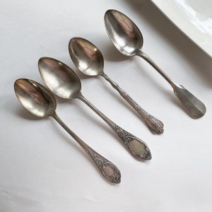 Set of 4 Different Antique Vintage Metal Large Dinner, Soup Soons, Art Nouveau decor, Kitchen Home decor, Silverware Cutlery