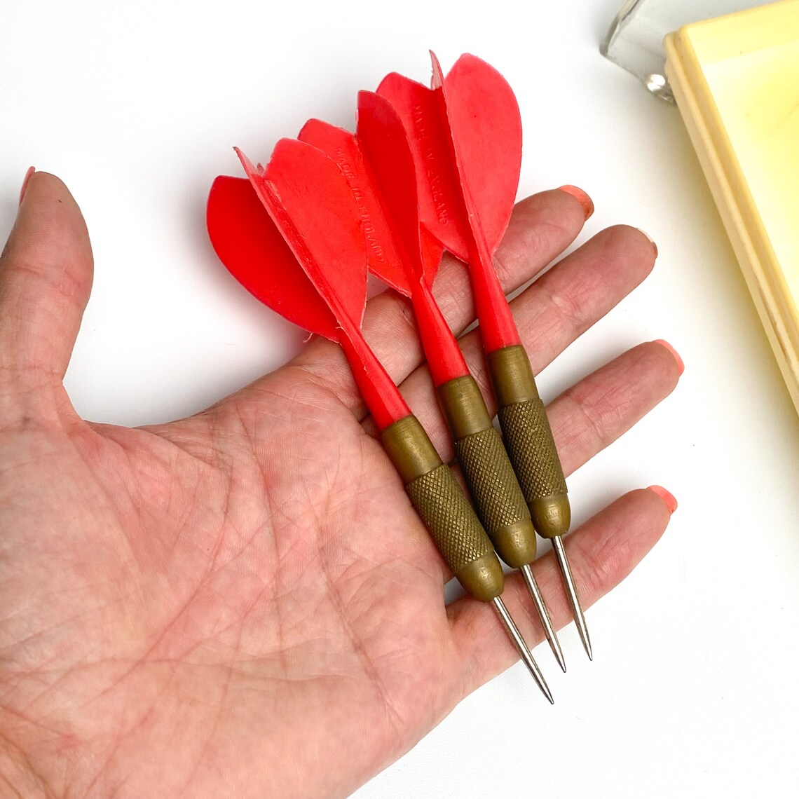 Set of 3 Vintage brass darts with red plastic flights in Etsy