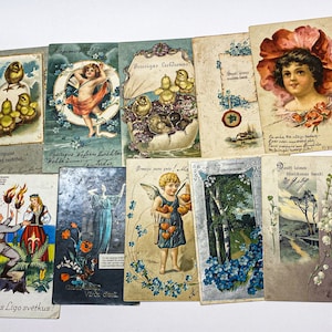 Veel van 10 originele oude antieke ansichtkaarten, antieke en vintage kunstfoto, papieren ephemera, Pasen, Kerstmis, verliefde man en vrouw
