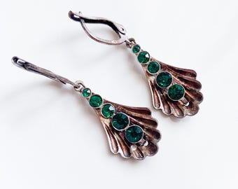 Vintage loop earrings silver plated metal with green glass crystal srones