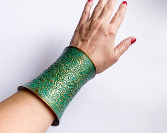 Vintage Wide Brass Cuff Bracelet, Embossed Floral Design, Green Painted Finish, Boho Statement Jewelry