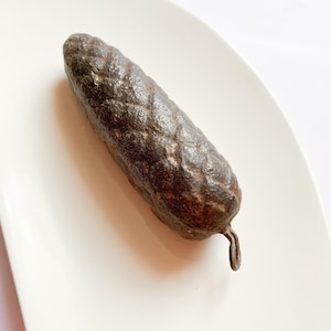 May include: A dark brown, textured, elongated object with a loop at one end, possibly a decorative item or a unique piece of home decor. The object is set against a white background, highlighting its detailed surface and shape.