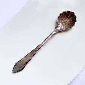 May include: A silver spoon with a shell-shaped bowl and a long, slender handle. The spoon has a decorative edge and is set against a white background. The spoon is likely vintage or antique.