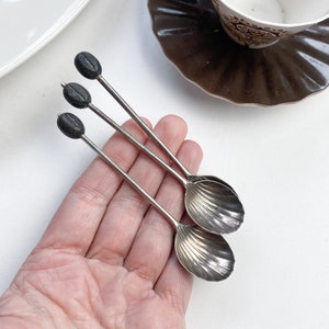 Set of 3 small, miniature metal small Coffee Spoons, sea shell shaped, coffee beans, marked EPNS image 1