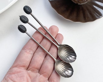 Set of 3 small, miniature metal small Coffee Spoons, sea shell shaped, coffee beans, marked EPNS