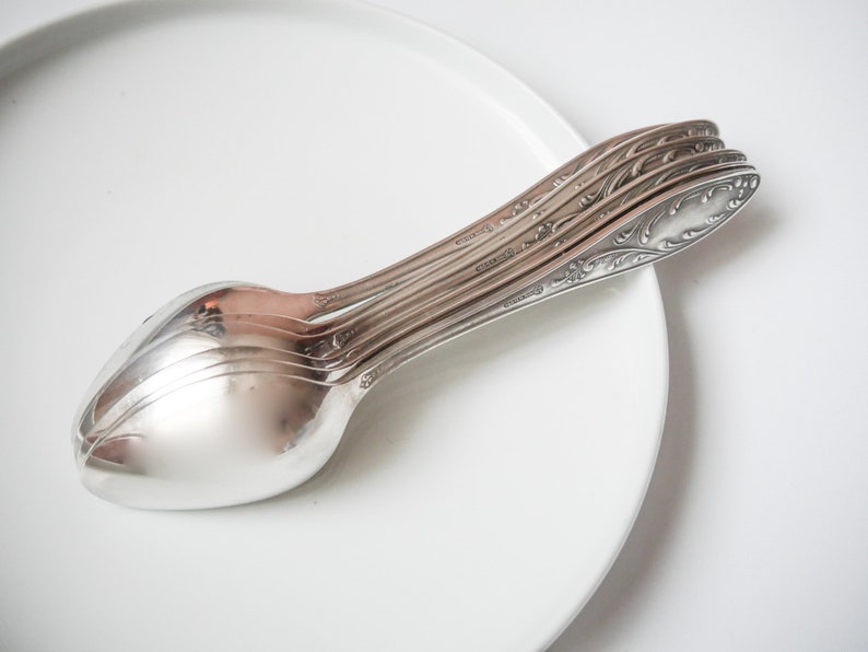 Set of 6 Vintage Silver plated Metal Desert Spoons, Art Nouveau style decor image 3