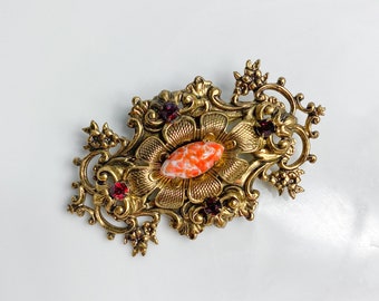 Vintage brass filigree brooch with red glass stone and rhinestones Brooch, 1960-1980