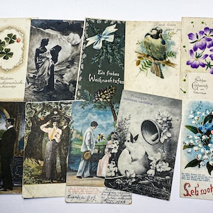 Veel van 10 originele oude antieke ansichtkaarten, antieke en vintage kunstfoto, papieren ephemera, Pasen, Kerstmis, verliefde man en vrouw