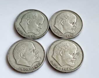 Set of 4 Vintage Soviet 1 Ruble Coins, 1970, USSR Russia, Lenin, Communist Propaganda, Made in USSR