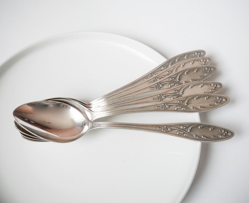 Set of 6 Vintage Silver plated Metal Desert Spoons, Art Nouveau style decor image 1