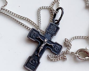 Vintage Metal Orthodox Cross Pendant Necklace, Russian Religious Charm, Silver Chain