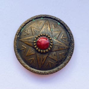 Vintage Latvian Ethnic Brooch, Latvian national costume jewelry, brass with red enamel, wind rose