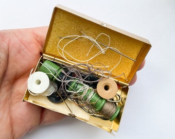 Vintage metal pocket needle holder, storage case includes  spool and needles, retro sewing set, chest, case, box, Еру hedgehog