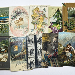 Lote de 10 postales antiguas originales, imágenes artísticas antiguas y vintage, efímeras de papel, Pascua, Navidad, retrato de hombre y mujer enamorados