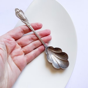 Op de afbeelding: Een zilveren lepel met een sierlijk handvat en een blad-vormige kom. De lepel wordt tegen een witte achtergrond gehouden. De handgreep heeft een decoratief ovaal ontwerp.